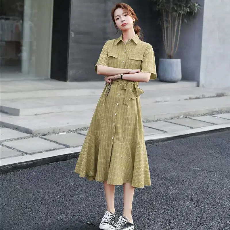 Mode Revers Knopf Taschen Bandage Plaid Hemd Kleid weibliche Kleidung Sommer neue lose koreanische Meerjungfrau Freizeit kleider