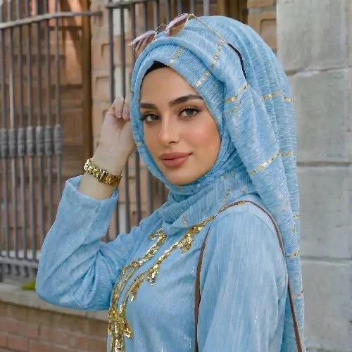 

Gold Sequins Muslim Hijab Striped Crinkle Fabric Scarf Women Islamic Headscarf Bandana Elegant Daily Outdoor Prayer Accessory