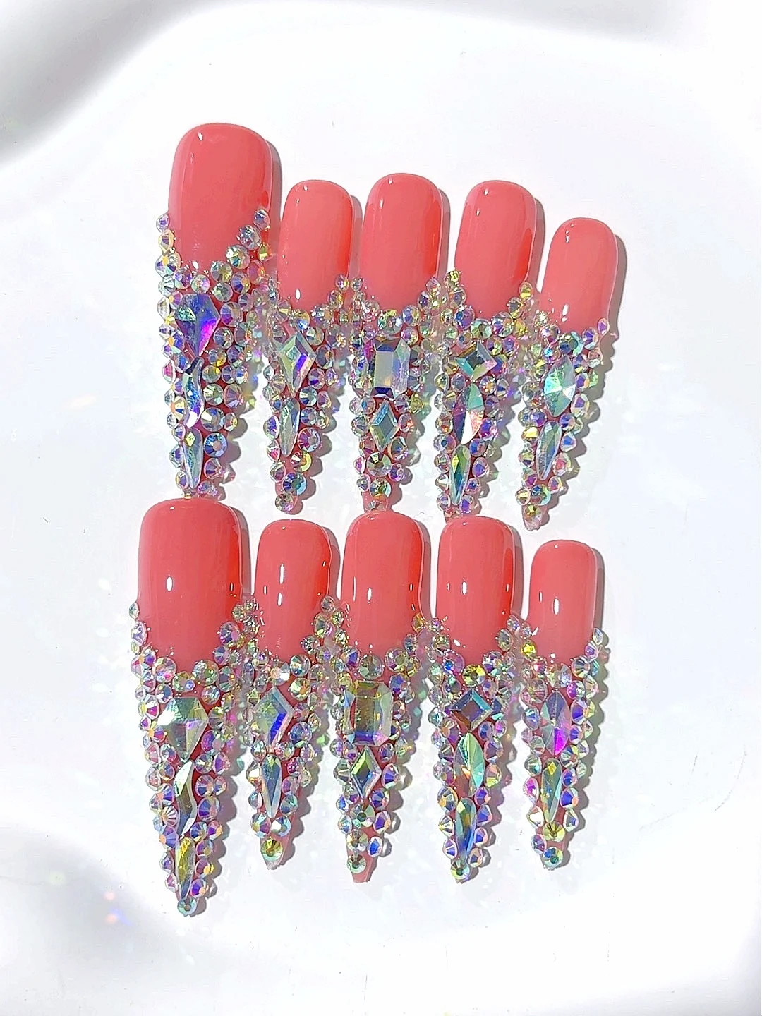 

Orange-Red French-Style Long-Tipped Fashion Manicure with Small Diamonds (N001)