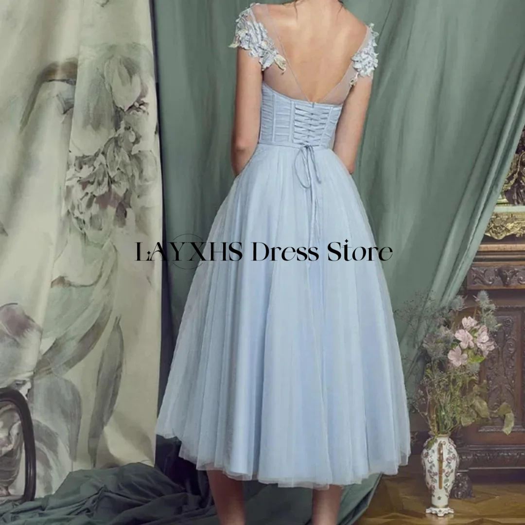 Maßgeschneiderte Abendkleider mit blauer Blumenstickerei, A-Linie mit Ärmeln, Tüll-Hochzeitskleid, Teelänge, Abendkleid, Vestidos de Fiesta