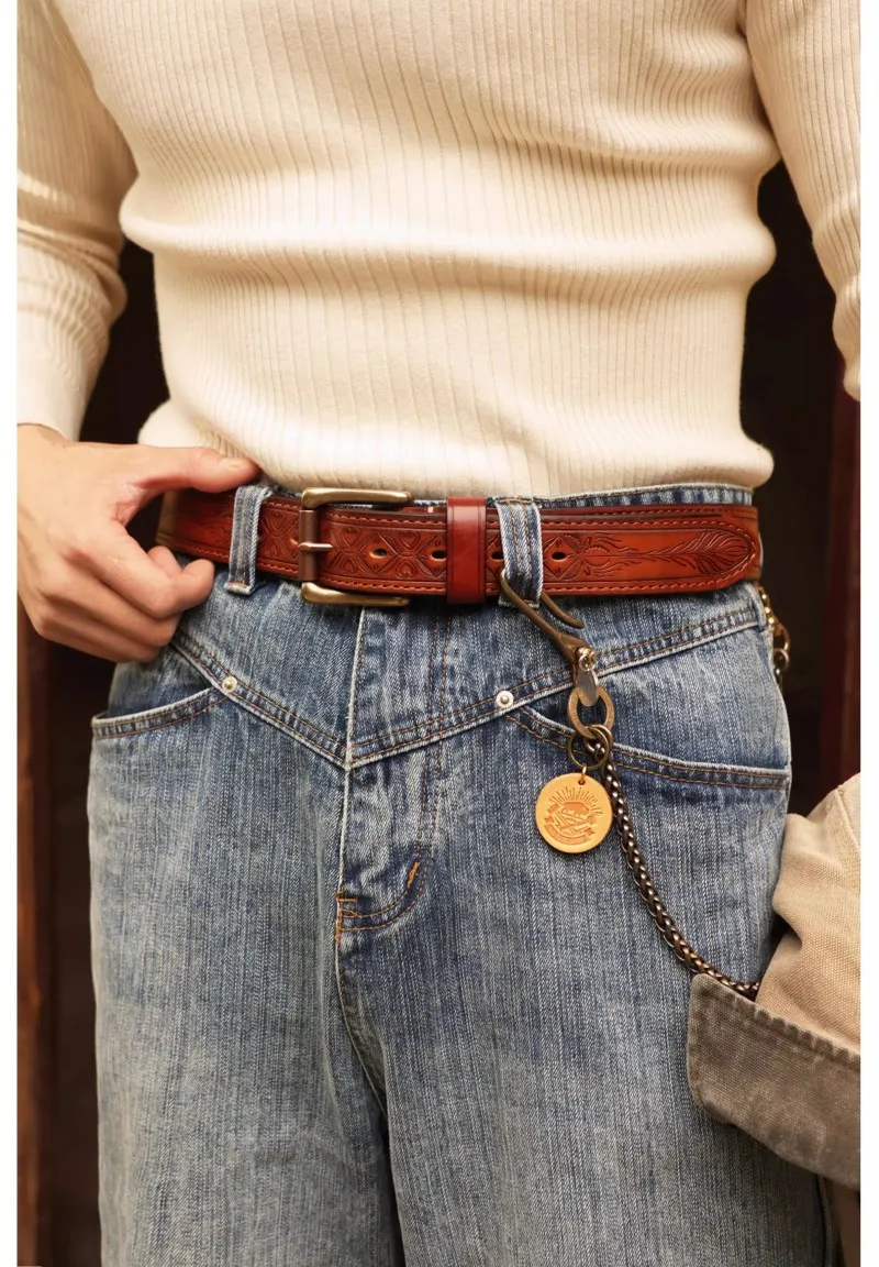 Herren-Jeansgürtel aus echtem Leder, lässig für jeden Tag, handgefertigt, 1,37 Zoll, geschnitzter amerikanischer Mode-Retro-Ledergürtel mit Geschenkbox – Detail 2