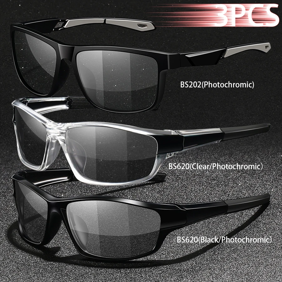 3PCS Photochromic Polarized Sports Vintage Sunglasses Men Women Cycling Driving Mountaineering Chameleon Sun Glasses UV400Eyewer