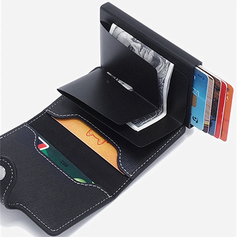 New Leather Aluminum Alloy Card Box Anti-magnetic Automatic Card Bounce Card Holder Multifunctional Multi-card Slot Men's Wallet