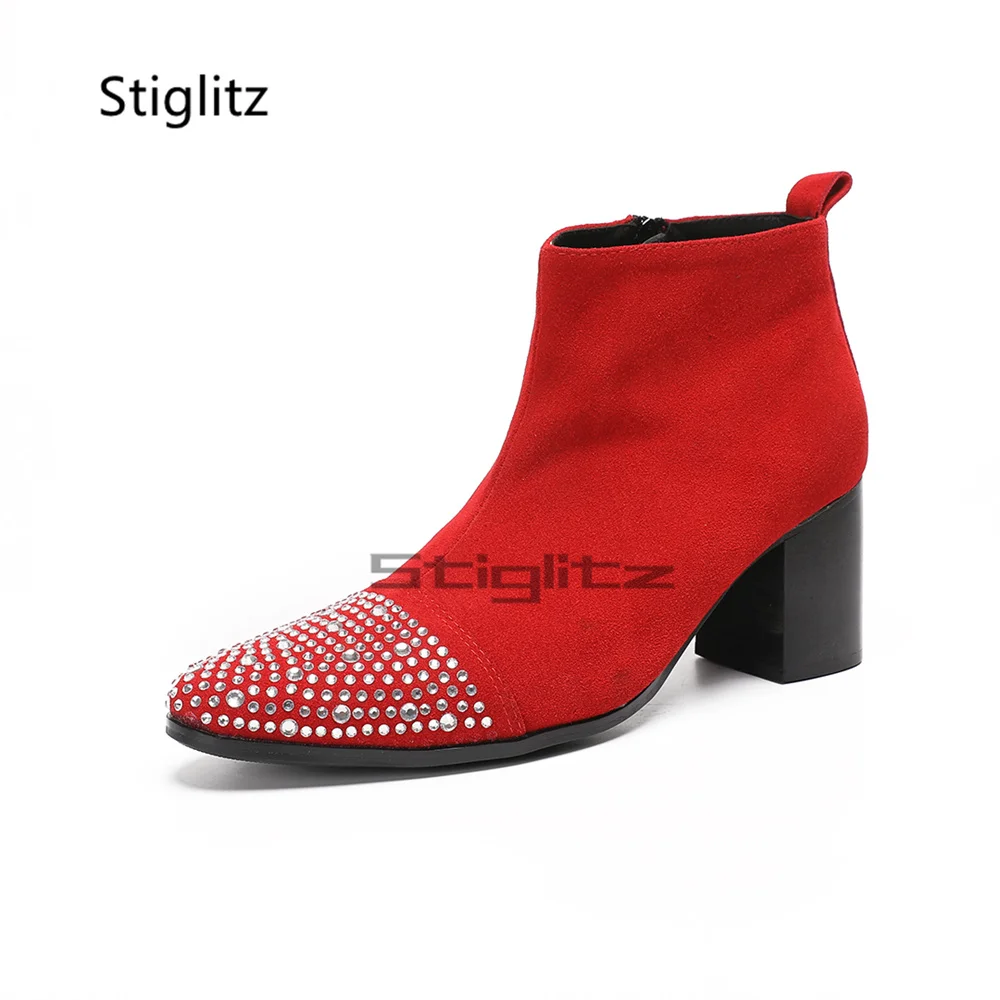 Rhinestone Pointed Toe Chelsea Boots for Men Black Red Suede Block High Heels Side Zip Ankle Wedding Prom Party Shoes Groom