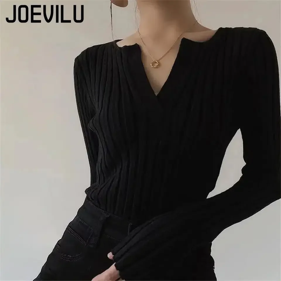 JOEVILU Knitted Sweater V-neck Bottom Top Women's Thin Outfit Pullover Korean Fashion Y2k Clothes Babes Goth Black Skinny Jumper