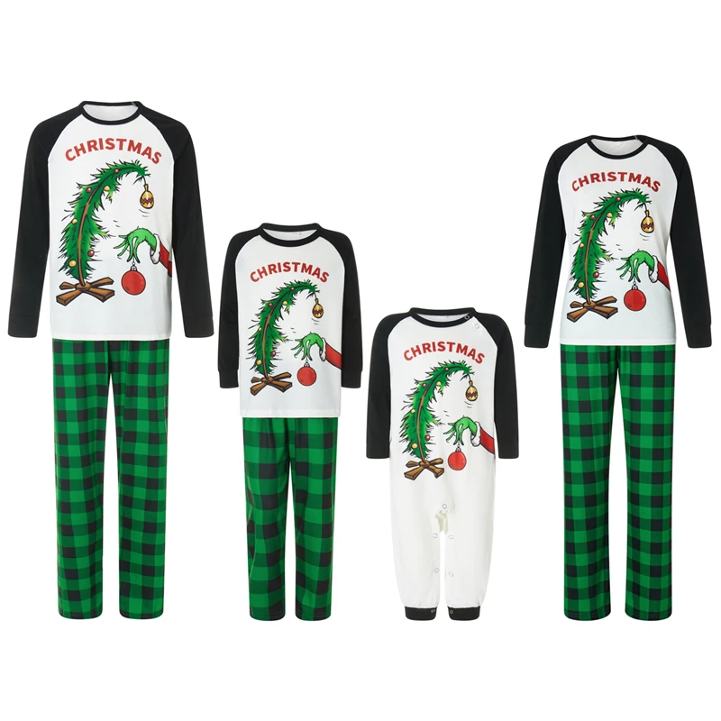 Matching Family Christmas Pajamas Set with Long Sleeve Crew Neck Cartoon Print Tops and Buffalo Plaid Pants Sleepwear for a