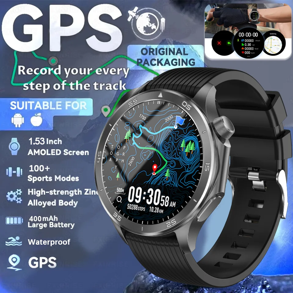 

New Outdoor Built-in GPS Smart Watch Men 1.53'' AMOLED Display Compass 3ATM Waterproof Swimming Grade Bluetooth Call Smartwatch