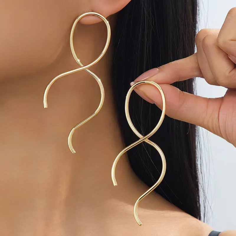 18K Gold Infinity Twisted Wire Long Drop Earrings for Women Abstract Figure 8 Minimalist Statement Jewelry
