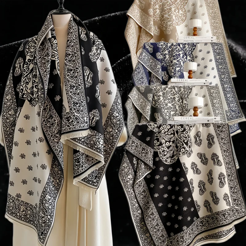 65x185cm Black Vintage Elegant Women's Paisley Pattern Shawl Retro Floral Border Scarf Soft Warm Blanket Wrap Multi Purpose