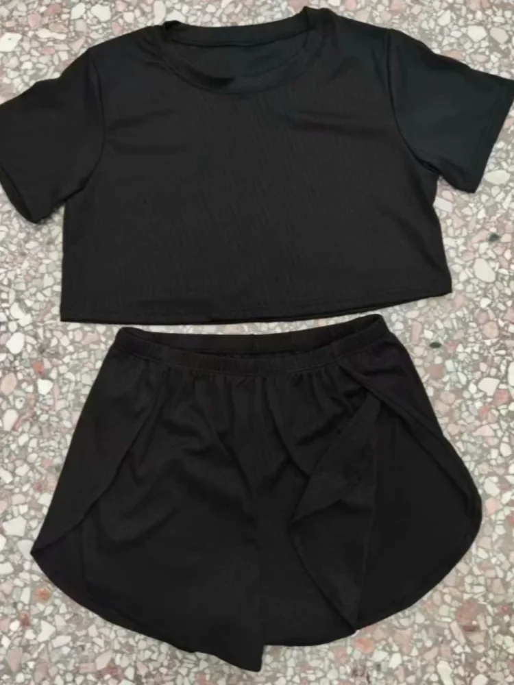طقم بيجامة نسائي أسود مضلع - توب قصير الأكمام وسروال قصير عالي الشق ملابس نوم كاجوال ناعمة ملابس صيفية للاستلقاء #2