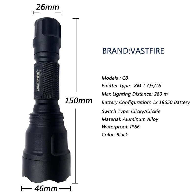 VASTFIRE Powerful 400 Yards Red LED Hunting Flashlight Tactical C8 Predator Handheld Torch 1-Mode Lamps for Coyote Hog Varmint