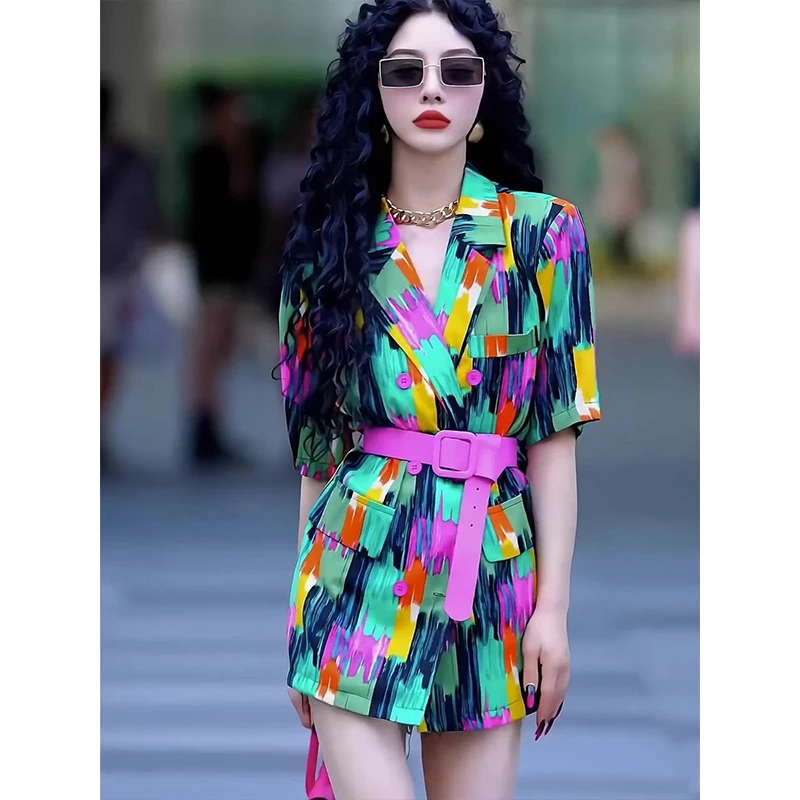 

2024 New Spring Summer Short Sleeves Blazer Vintage Women Watercolor Splash-Ink Suit jacket Dress Fashion Fried Street Coat Top