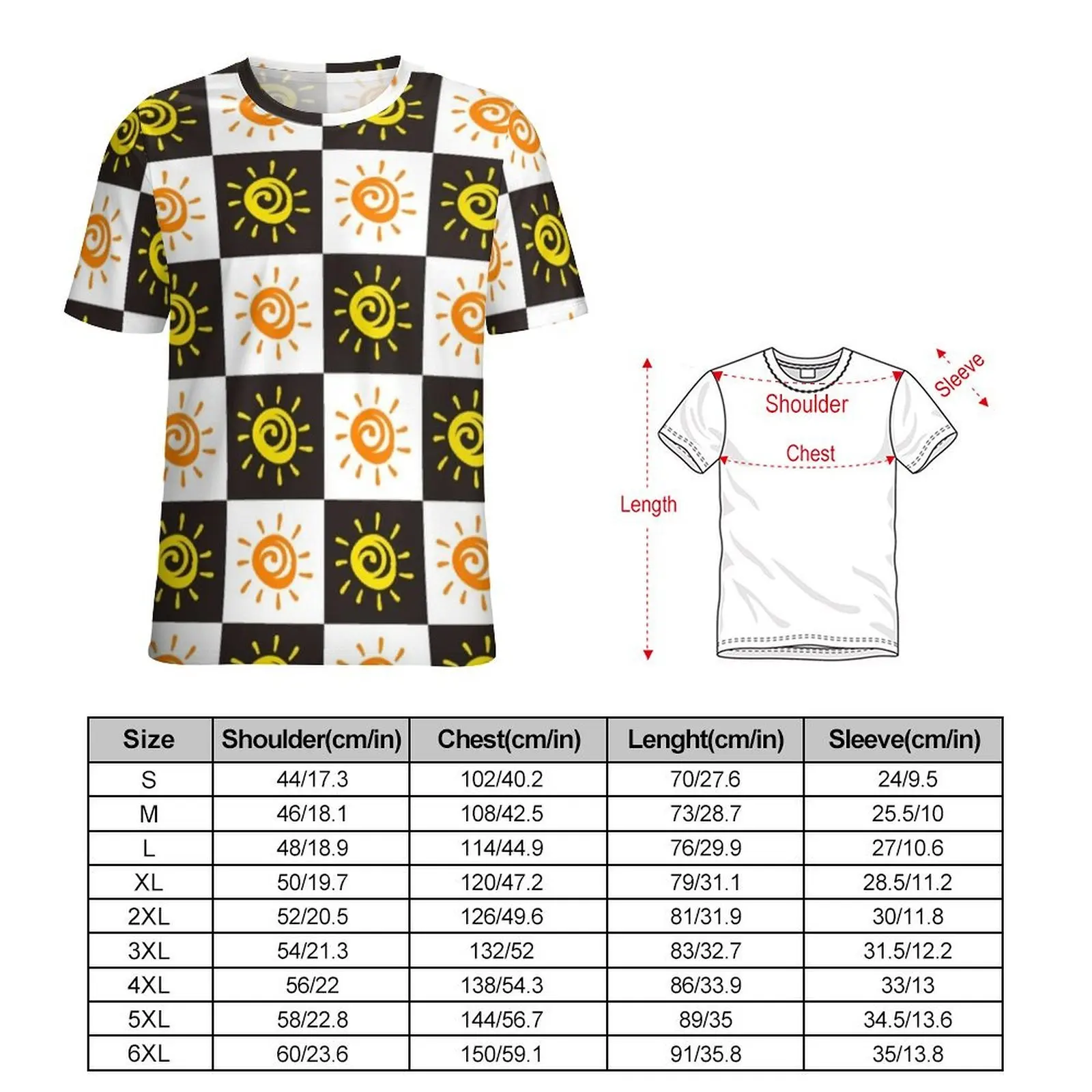 Summer T Shirt Drawn Sun T Shirts Black White Checkerboard Classic Hippie Tees For Men Short-Sleeve Graphic Oversized Tops