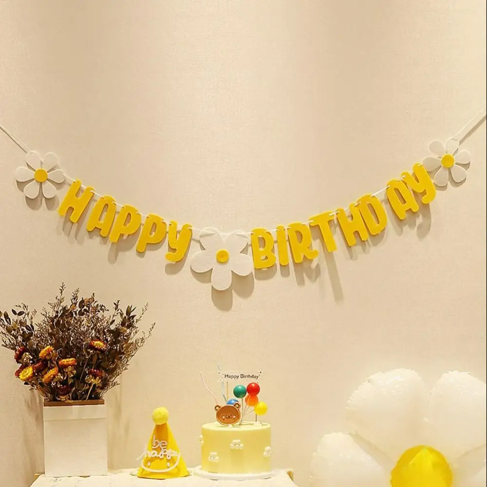 Non Woven White Flower Photo Decoration Boys Girl Happy Birthday Daisy Banner Hanging Flag Banner Party Flag