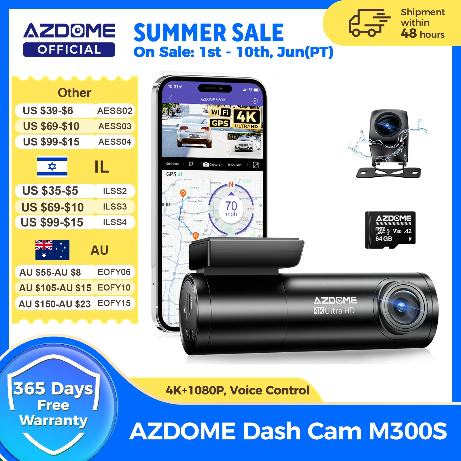AZDOME M300S Kamera samochodowa 4K z przodu i z tyłu, wbudowany ADAS, WiFi, GPS, darmowa karta 64GB, sterowanie głosowe, noktowizor