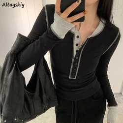 Contrast Color T-shirts Women Gray Long Sleeve Slim Cropped Tops Korean Stylish Spring Simple Casual Chic Ulzzang Instagram BF
