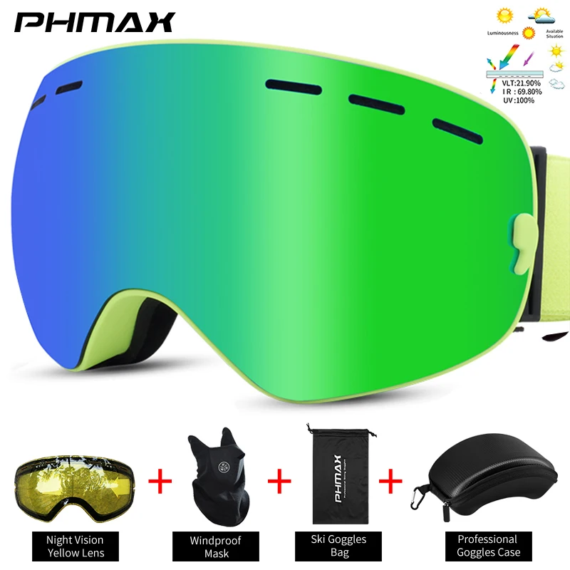 

PHMAX Ski Goggles Green OTG for Women Men Adult Youth Over Glasses Snow Goggles Interchangeable Lens, Anti Fog Snowboard Goggles