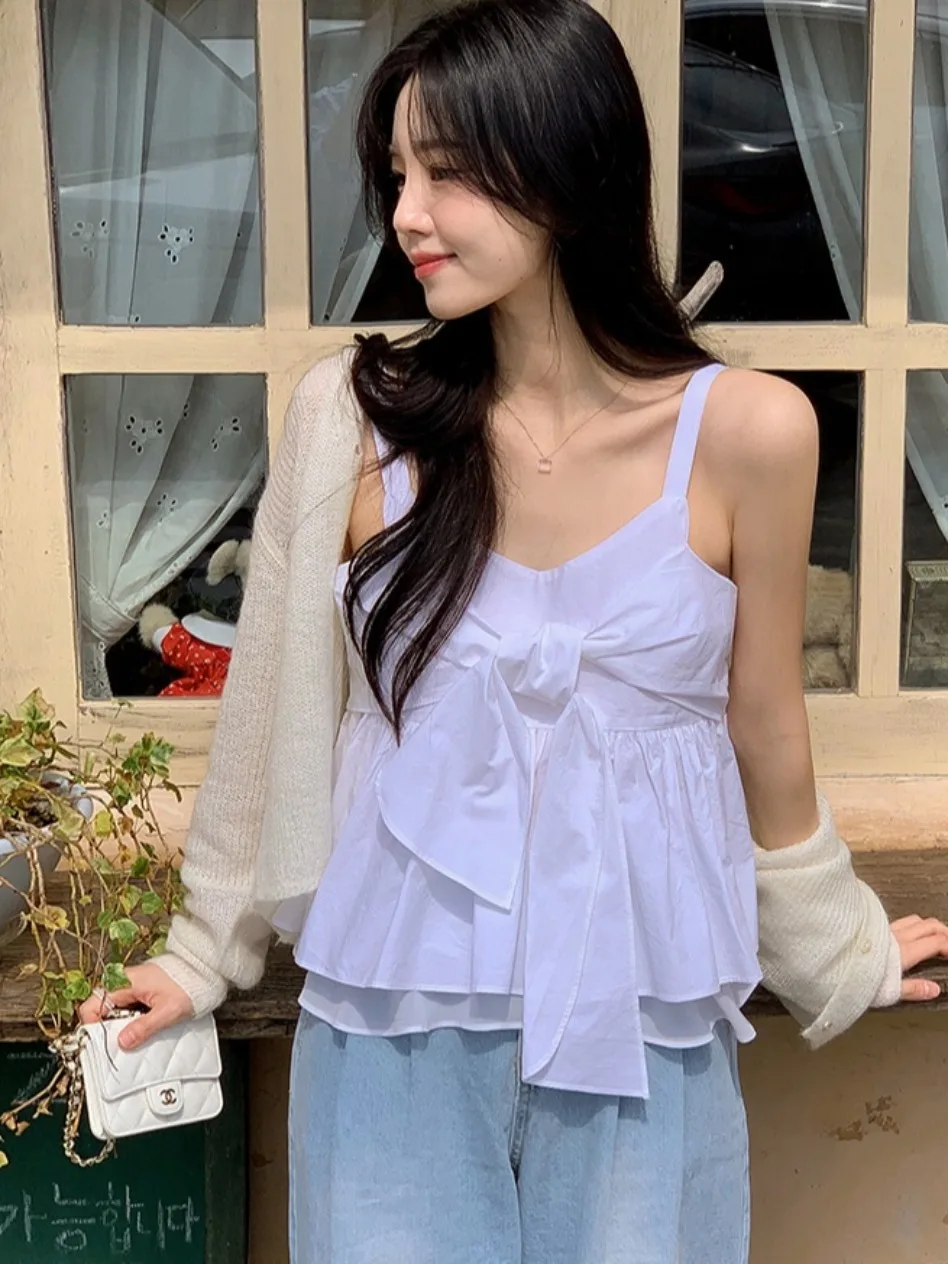 

Летний топ Ele V-Ne с поясом и поясом, двухслойный женский топ с рюшами и подолом Faion Commute Sle Pure Color