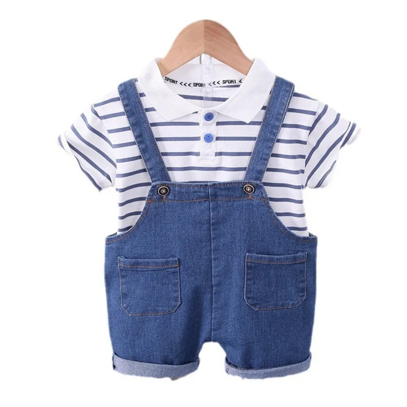 New Summer Baby Clothes Suit Children Boys Striped Short Sleeved T-Shirt Overalls 2Pcs/Set Toddler Casual Costume Kids Tracksuit