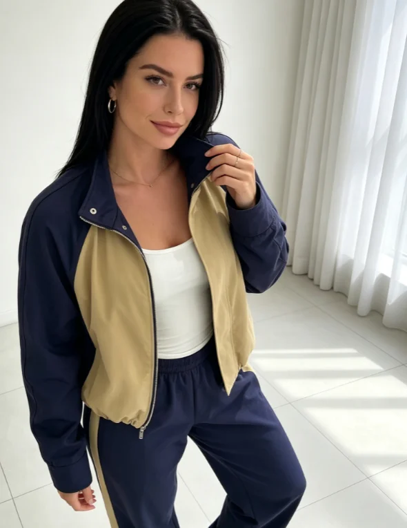 Lady Color Block Sports Set Casual Chic Hidden Placket Drawstring Hem Stand Collar Coat Daily Elastic Waist Wide Leg Pants Suit