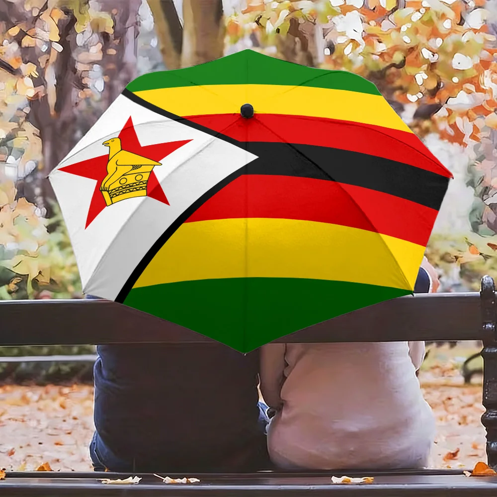 

Zimbabwe National Flag Green Yellow Red Black Horizontal Stripes with White Triangle Red Star and Golden Bird Print Auto Folding