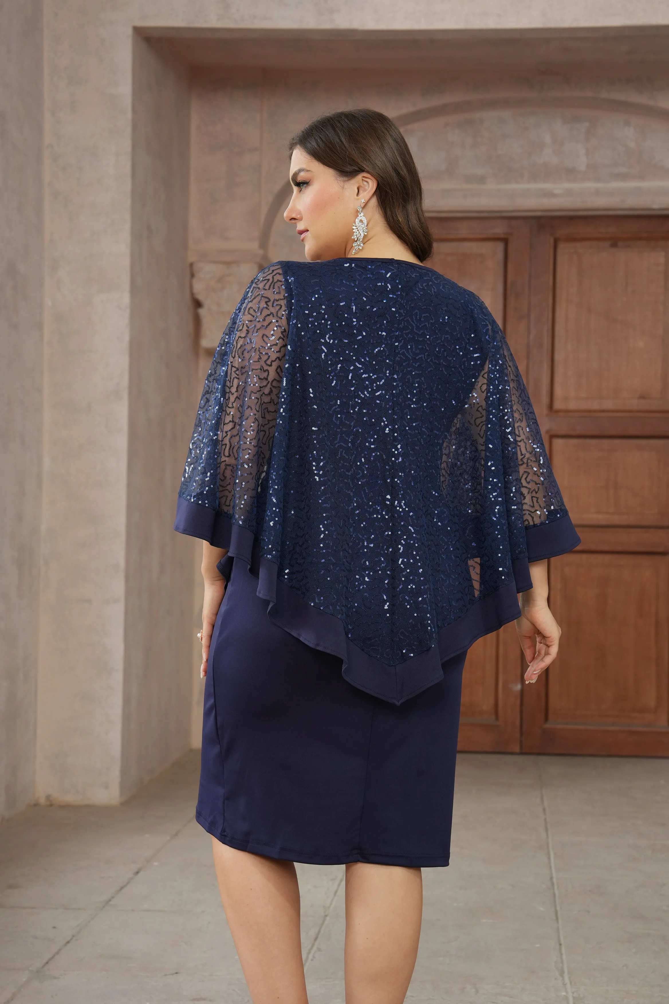 Plus Size Dames Elegante Feestjurken Pailletten Casual Jurken Cape Mouw Marineblauwe Jurken Avond Trouwfeestjurken