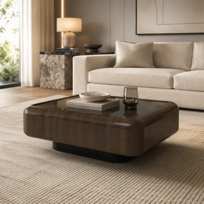 Modern Luxury Living Room Cocktail Table with Rounded Corners and Shiny Surface Gelee Wood Design