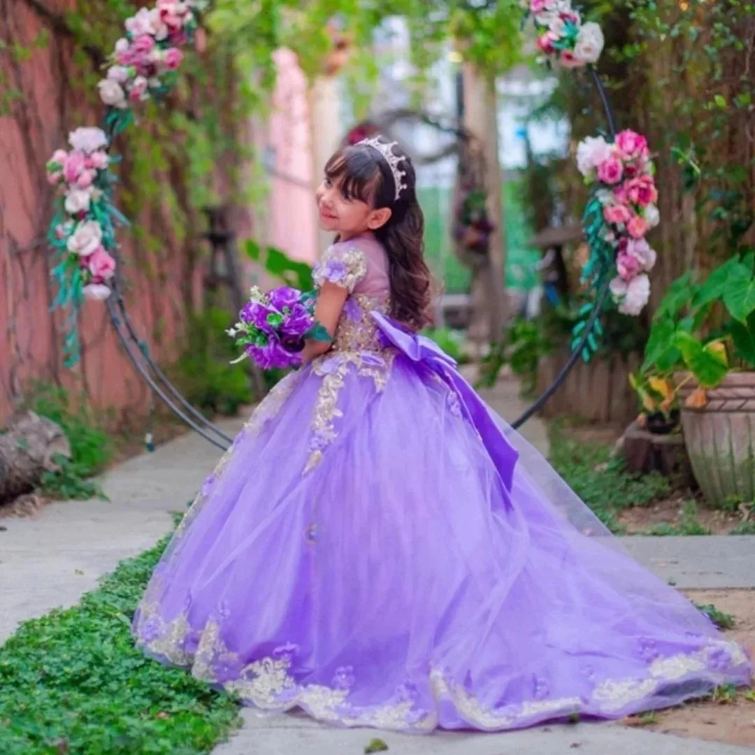 

Customized Purple Flower Girl Dress for Wedding Lace Appliques Short Sleeves Kids Birthday Party First Communion Ball Gowns