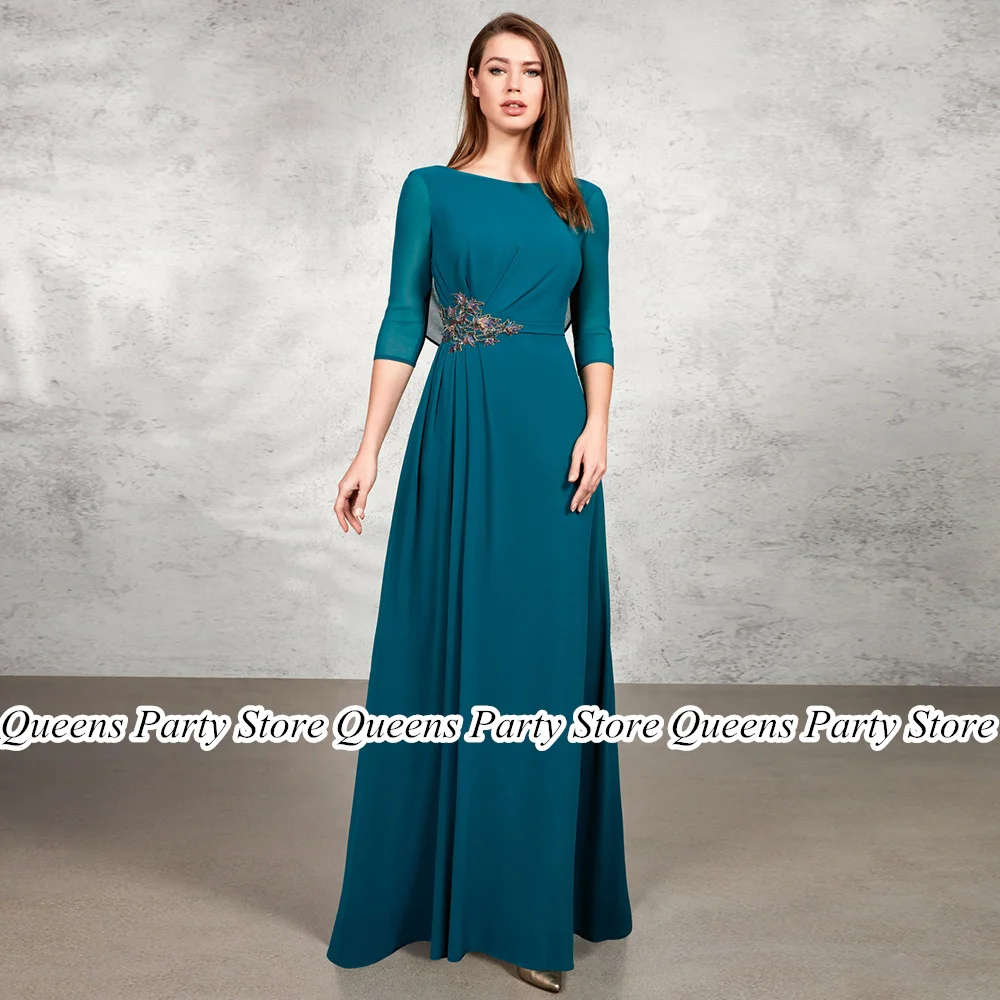 

Turquoise Blue Mother of The Bride Dress with Shawl Scoop Neck 3/4 Sleeves Floor Length Chiffon Wedding Party Dresses Guest Gown