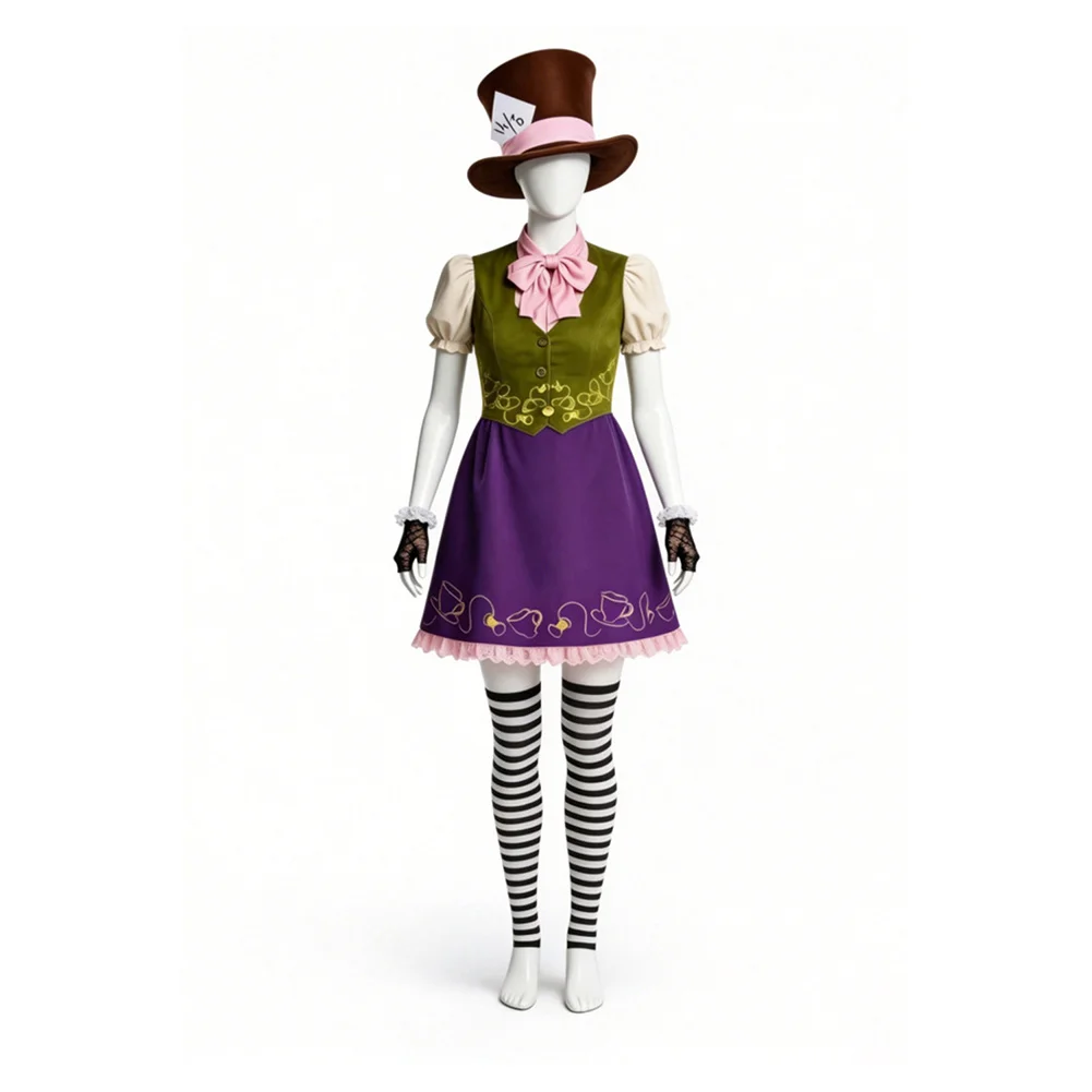 Fantasia Women Mad Cosplay Hat Hatter Costume Cartoon Alice Dress Men Top Pants Outfits Halloween Disfraz Carnival Party Suit view 4