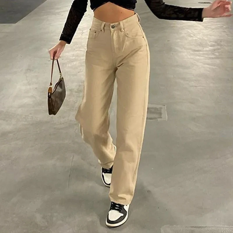 American Woman Jeans Khaki Streetwear Vintage Straight Harajuku Womens Loose Full Length Denim Pants Female Mom Jeans