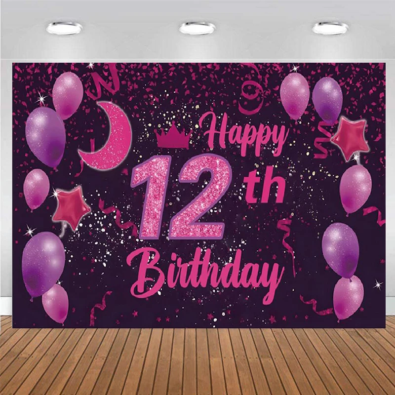 Purple 12 Birthday Girl Bat Mitzvah Background Decorations 12th Twelve Years Old Party Star Moon Glitter Balloons Photo Backdrop