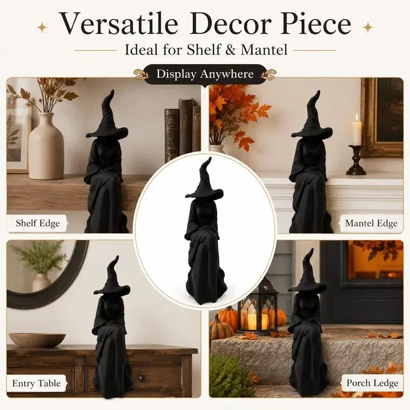 Halloween Gesichtslose Hexenfigur, Schwarze Sitzende Hexe, Wanddekoration, Halloween-Dekoration im Gothic-Stil für Wohnzimmer, Bücherregal – Detail 6