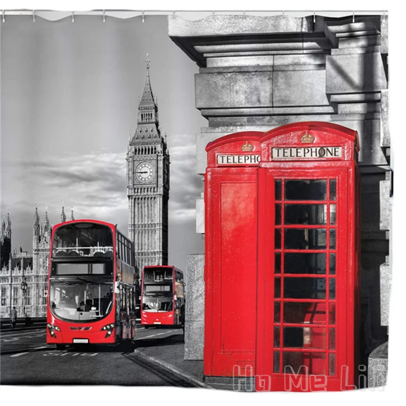 London Shower Curtain Vintage Paris Eiffel Tower Woman Pattern British Telephone Booth In The Street Traditional Local Cultural