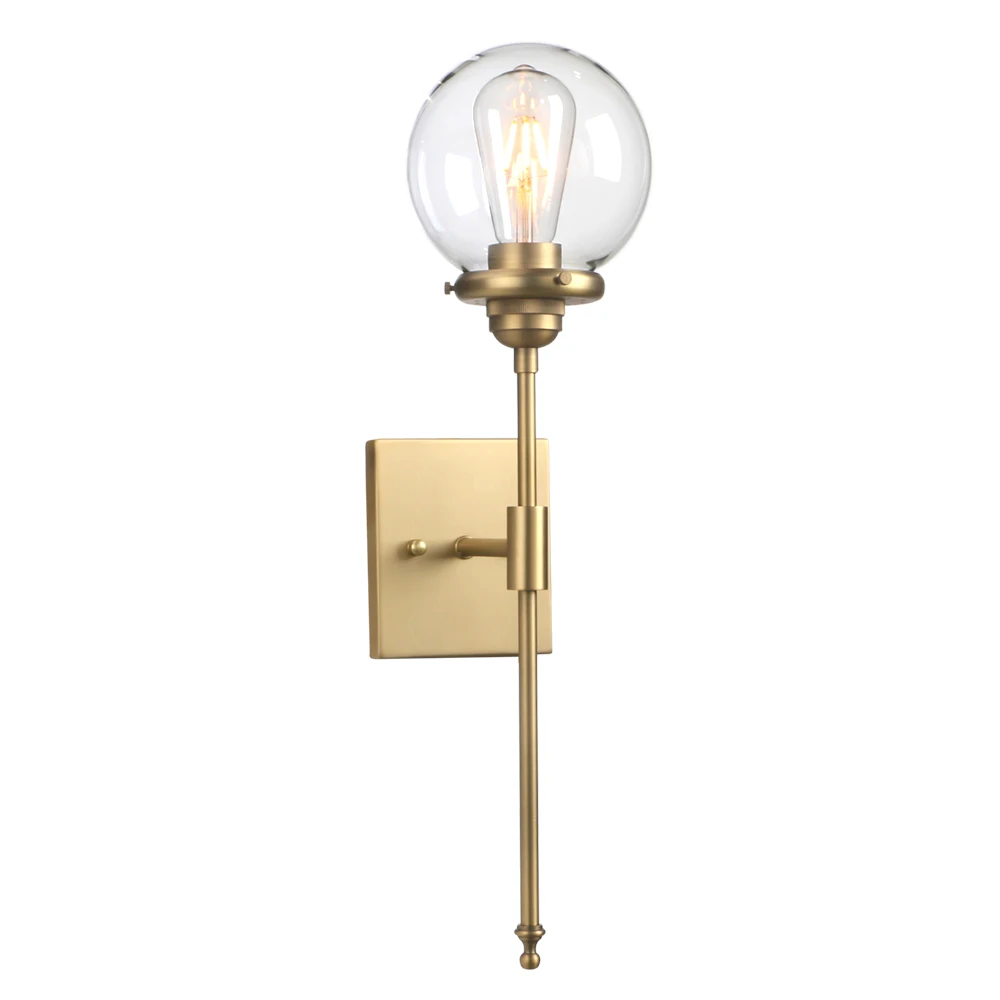 

Permo Mid-Century Modern Bathroom Vanity Light Single Wall Sconce with Glass Globe Shade and Antique Brass Finished Long Arm