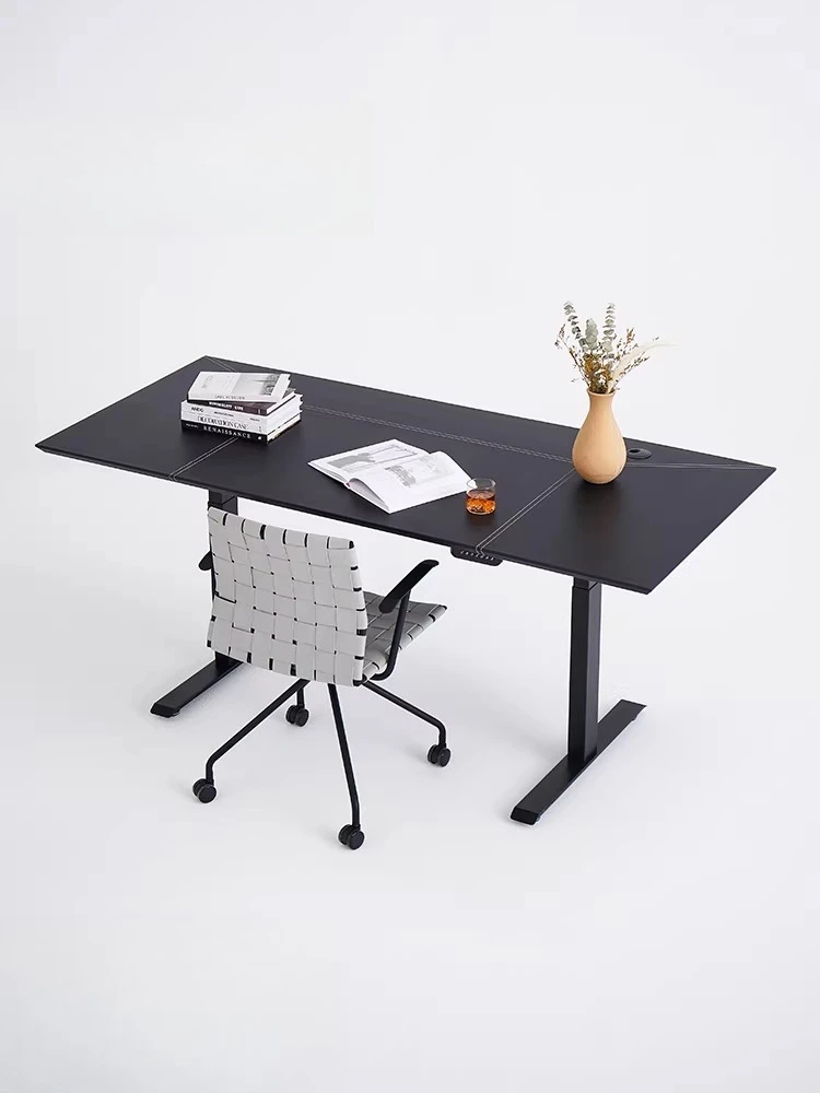 Italian Minimalist Electric Standing Desk Dual Motor Smart Desk Black Saddle Leather Home