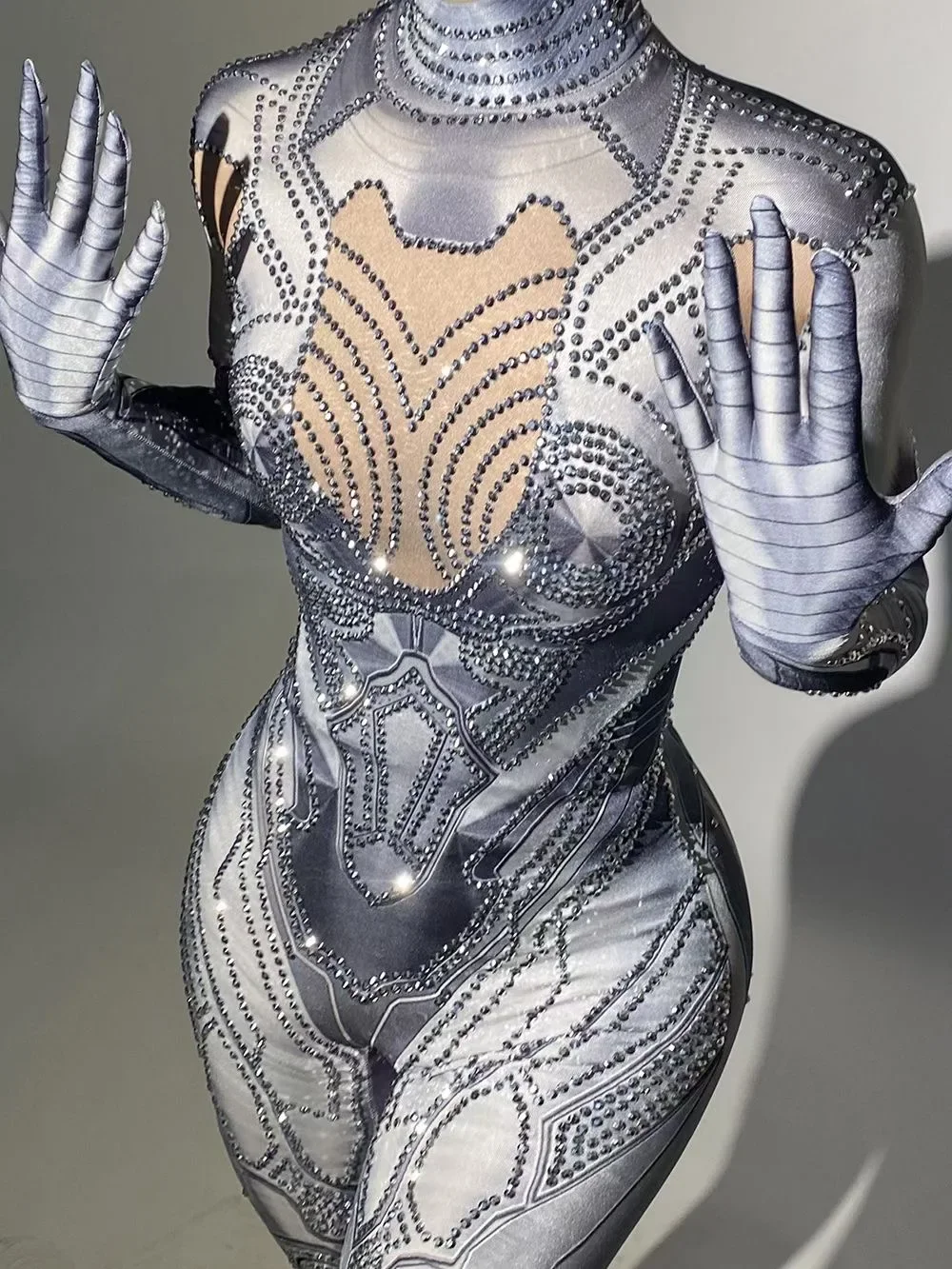 

Наряд для вечеринки для шоу для девочек, костюм танцовщицы, роскошные наряды для вечеринок, облегающий комбинезон со стразами и принтом для ночного клуба DJ Ba