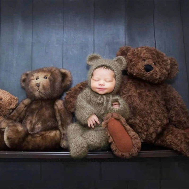 Lovely Newborn Photography Props Boys Girls Outfits Mohair Bear Hat Bonnet & Footed Romper Bodysuit Photoshoot Costume P31B