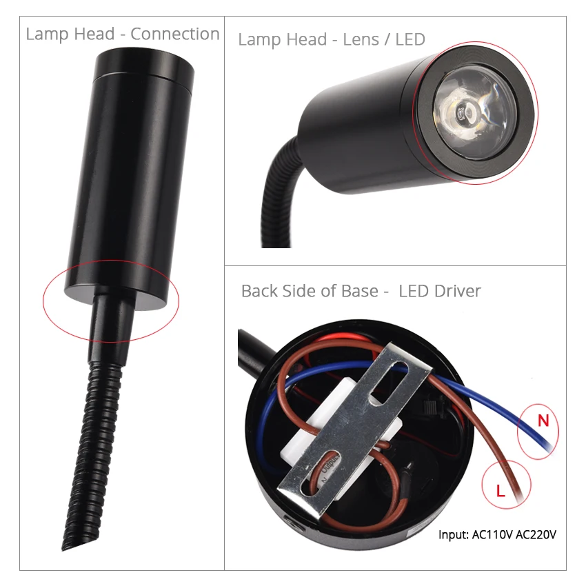 LED Wall Lamps With Knob Switch 3W AC90-260V Black Silver Bedroom Bedside Reading Light Direction Adjustable Indoor Lighting