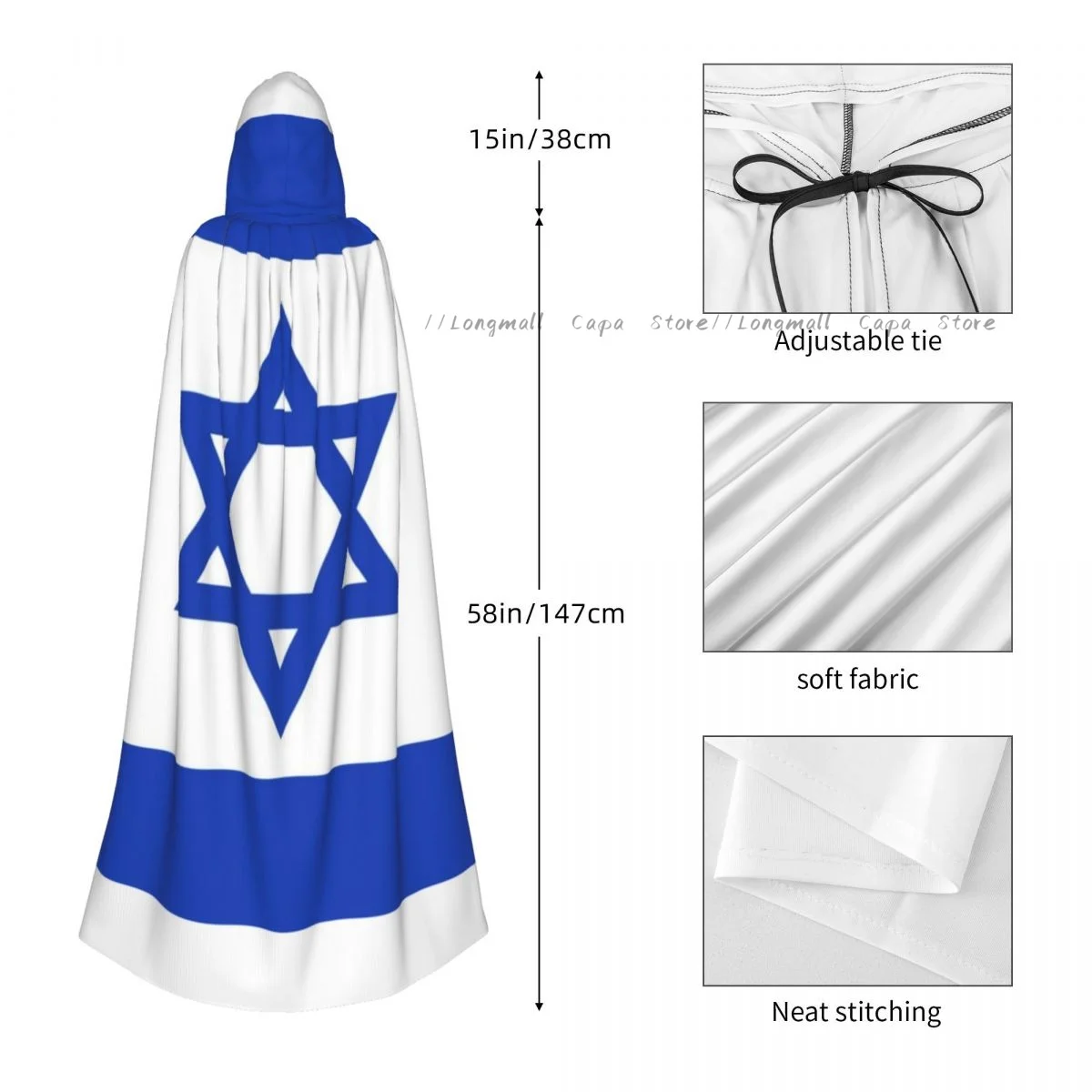 Adult Halloween Flag Of Israel Cloak Cape Hooded Medieval Costume Full Length Dress Coat