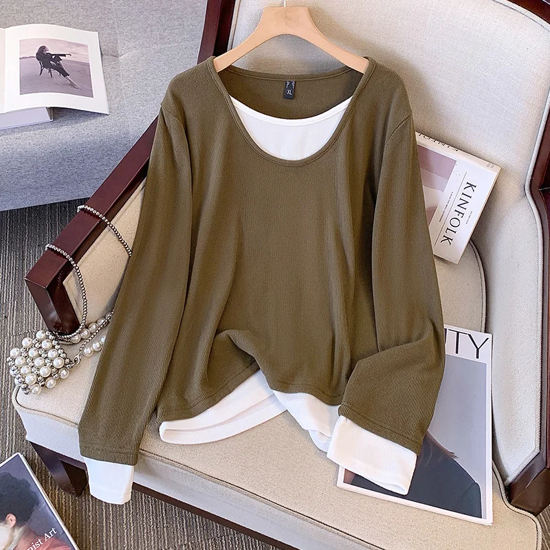 Plus size, base shirt, fashionable and stylish T-shirt, color blocking splicing, fake two-piece shirt 3453