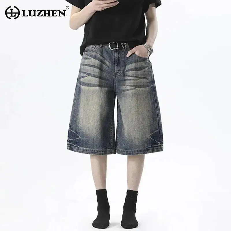 LUZHEN 2026 Summer Original Niche Design Pleated Pattern Gradient Washed Denim Cropped Trousers Men Stylish Shorts Jeans JY7211