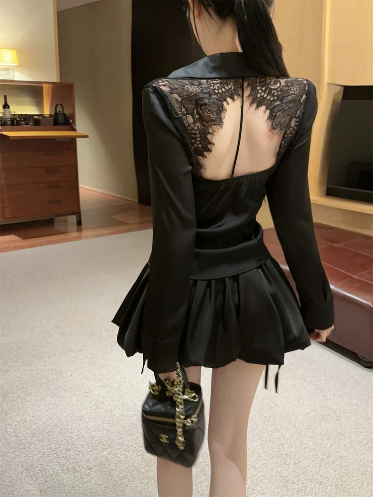 

Elegant Pure Desire Sexy Backless Lace Splice Long Sleeve V-neck Shirt Flower Bud Skirt Pants Spring New Fashion Set Women