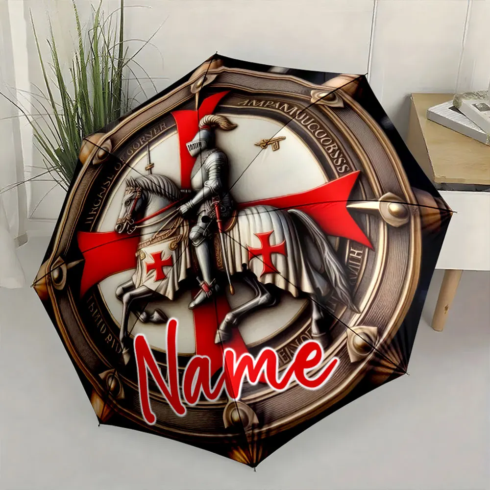 Custom Name Knights Templar Umbrella Design 8 Iron Ribs Folding Umbrella Auto-Open Fashionable Sunshade Deluxe Gift