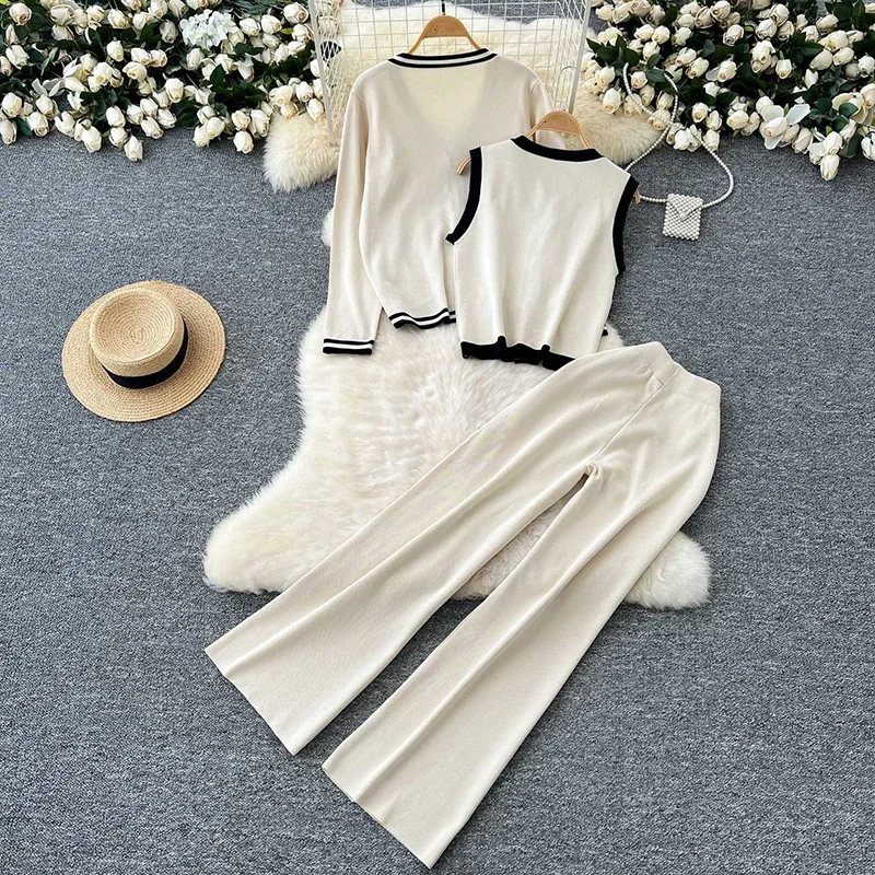 أنيقة محبوك المرأة 3 قطعة مجموعات سترة معاطف القمم Conjunto كوريا عالية الخصر بنطال ذو قصة أرجل واسعة الزي سليم سترة دون أكمام دعوى #3