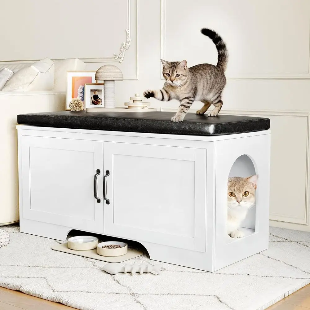 35 Concealed Litter Box Furniture with Removable Cushion, Storage Cabinet, Top-Entry Design, White