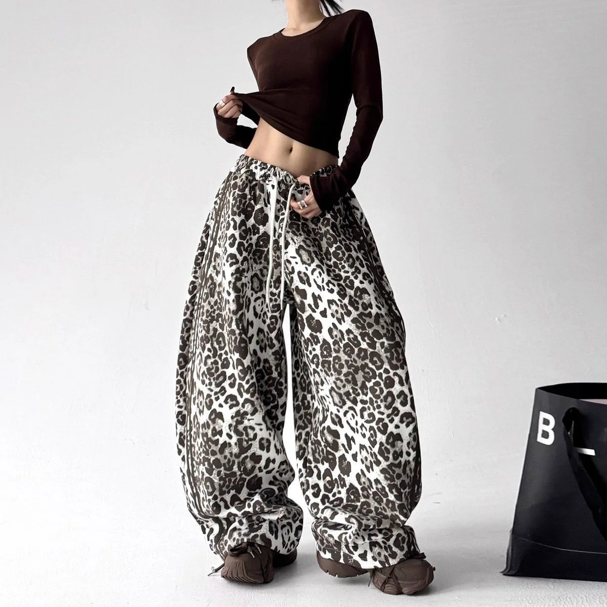 

American retro spicy girl leopard print work pants autumn street Abi style punk loose women's wide leg pants millennium style