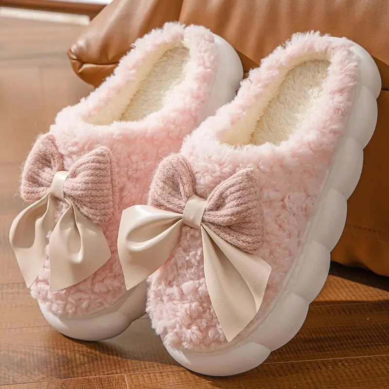Sweet Pink Bowknot Warm Fur Home Slippers Women Winter Thick Platform Fuzzy Lined Shoes Woman Indoor Anti Slip Cotton Slippers