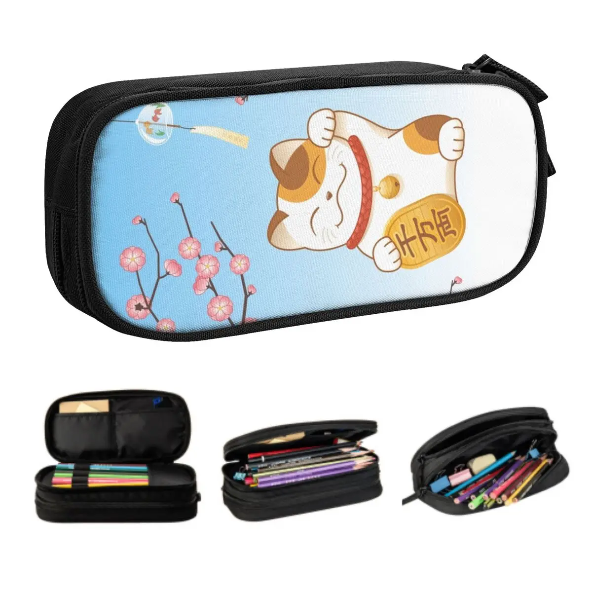 

Custom Japanese Sakura Maneki Neko Pencil Case for Boys Gilrs Big Capacity Lucky Cat Pen Bag Box School Supplies