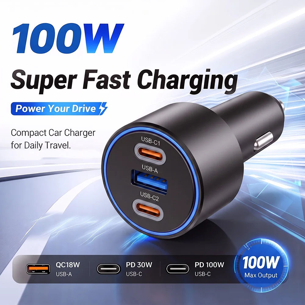 100W USB C Car Charger For iPhone 18 Pro Max Xiaomi Samsung Galaxy S26 Ultra Laptops Tabet Fast Charging USB Type C Car Charger